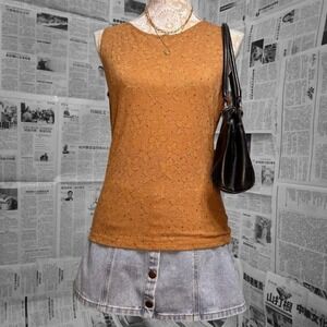 Orange USA Brown Beaded Floral Knit Tank Top Women's L Y2K Vintage Sleeveless